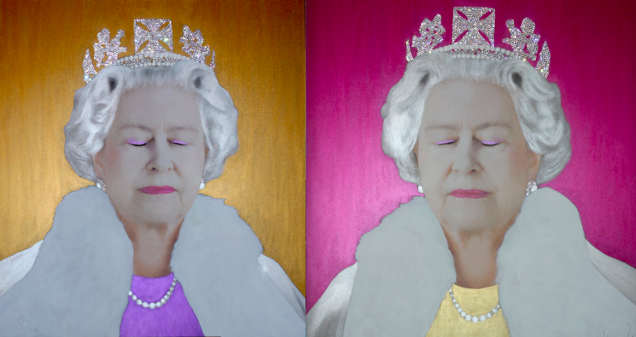 Tipica Pop Art dell'artista Hayo Sol, Queen Elizabeth Twin Edition, 2021, disponibile tramite Gallerease 