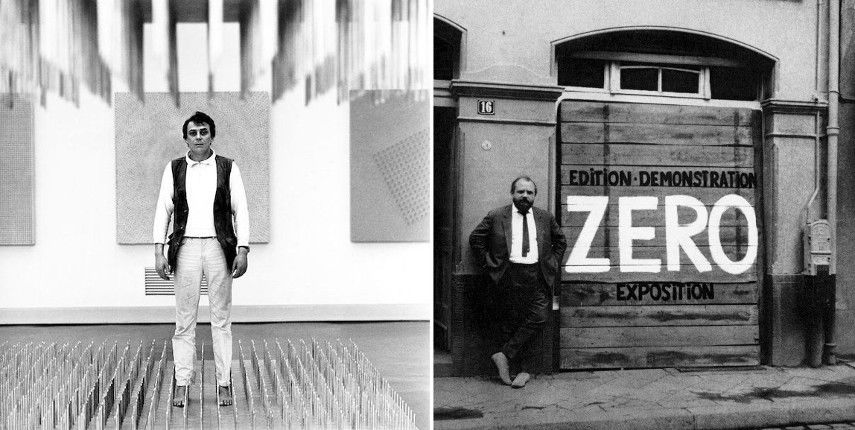 A gauche Günther Uecker et à droite le galeriste Alfred Schmela dans sa galerie avec l'affiche d'une exposition ZERO