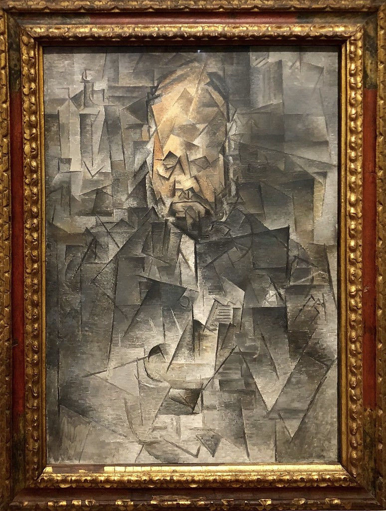 Voorbeeld van een analytisch kubistisch schilderij, Portrait d'Ambroise Vollard, 1909-1910, Pablo Picasso
