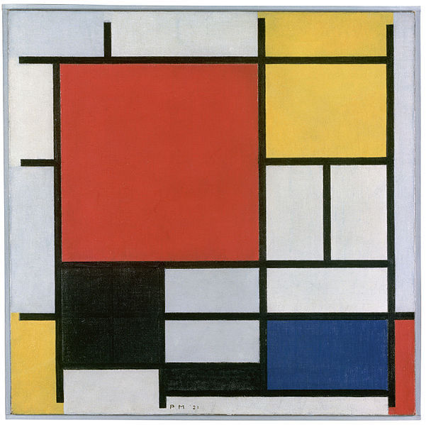 Een van de pioniers van de minimalistische kunst, Piet Mondriaan, Composition en rouge, jaune, bleu et noir, 1921