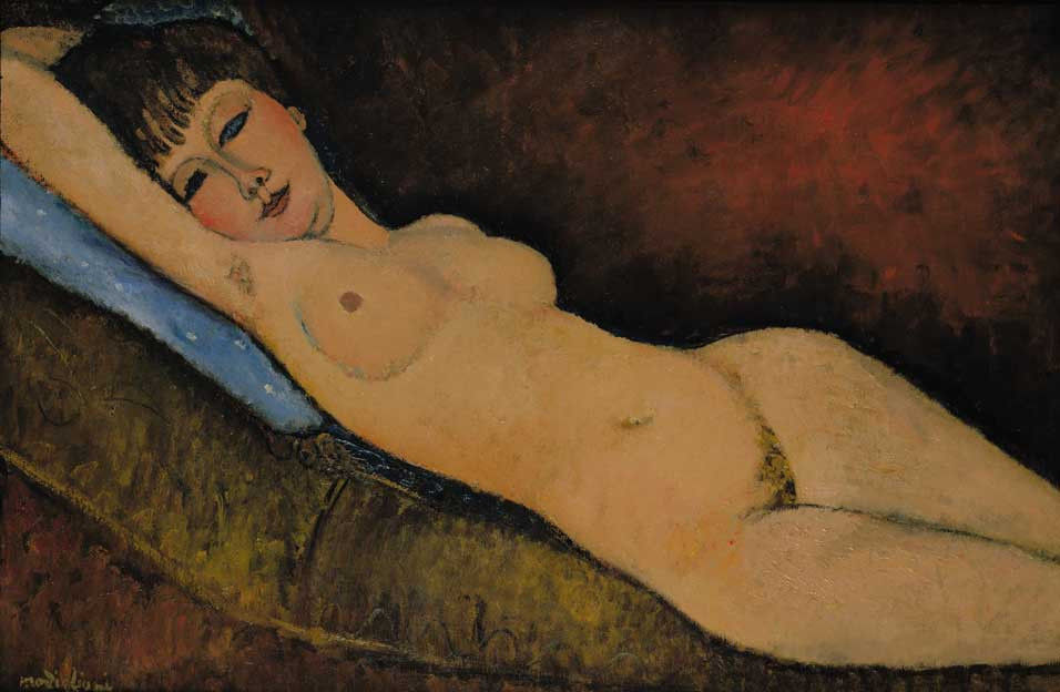 Een intiem beeld van een vrouwelijk naakt in Nu Couché au coussin Bleu, door Modigliani, 1916