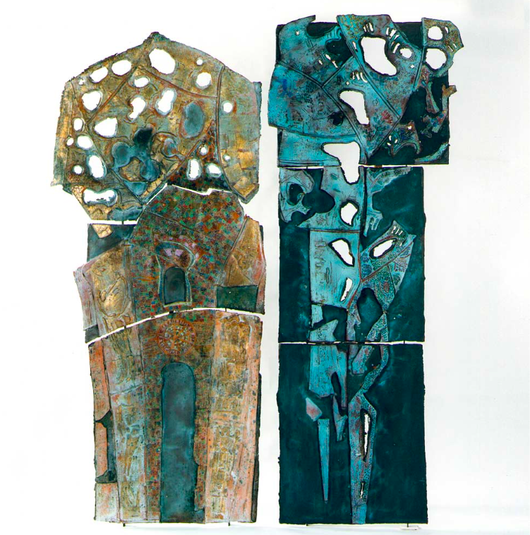 Cathedrals touching each other. Panel of bronze & enamel by Linda Verkaaik