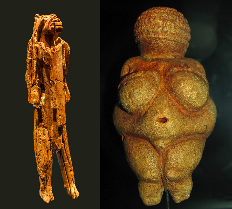 As primeiras formas primitivas de escultura 'o Löwenmensch' e 'a Vênus de Willendorf', respectivamente. 30.000 e 25.000 anos aC.