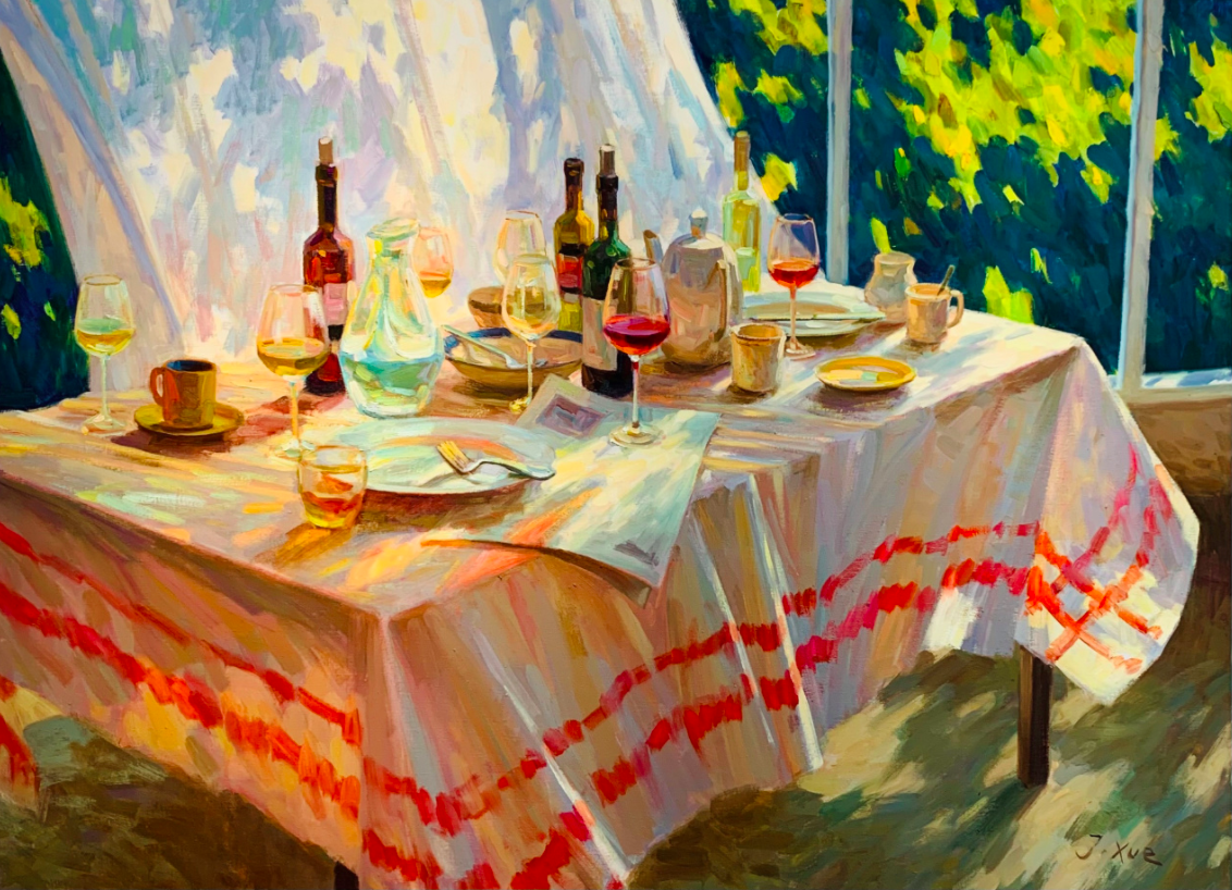 A modern, colorful and summer scene still life, painted by  Juane Xue, 'Beginning of the evening' from 2018