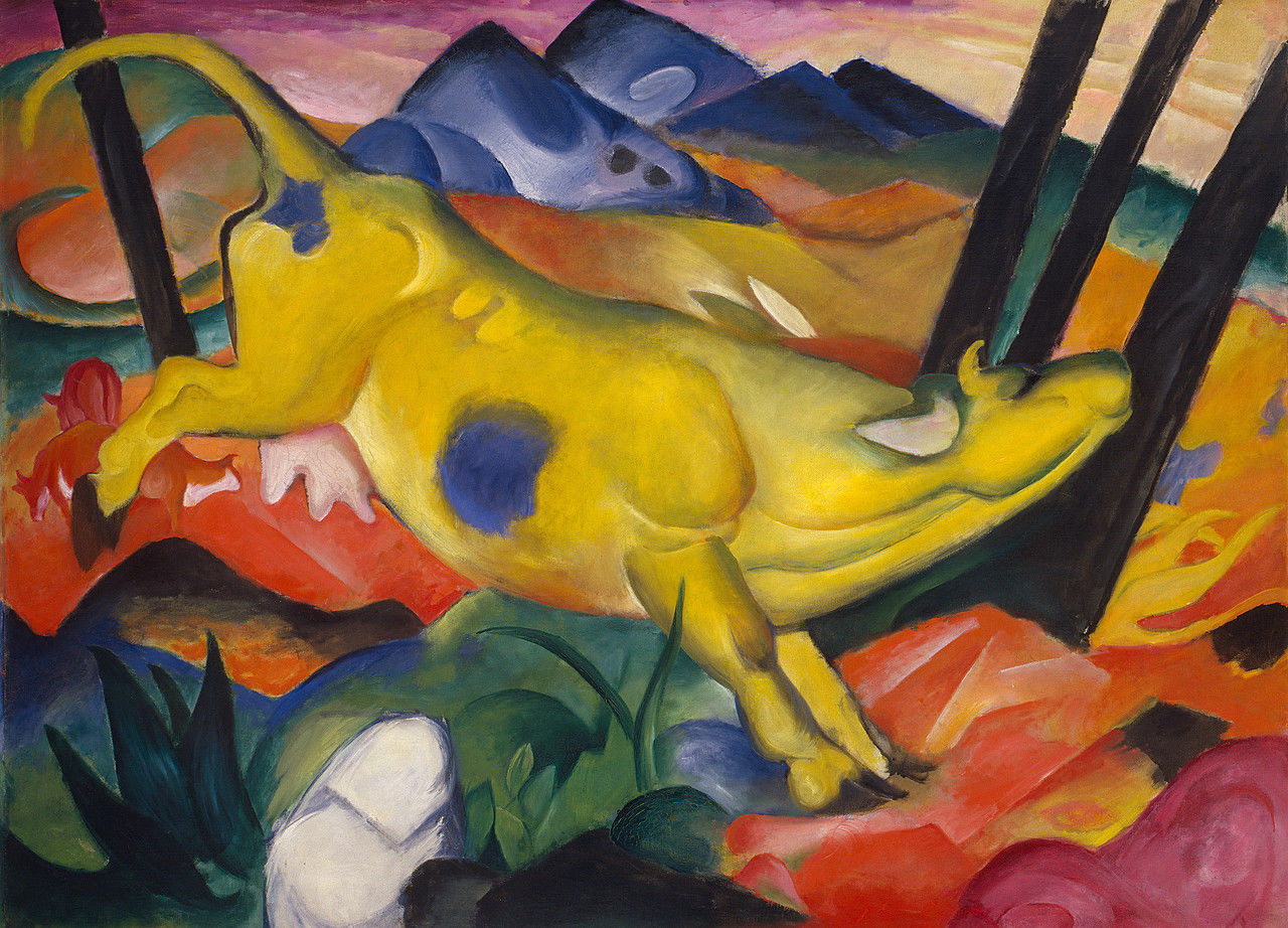 Franz Marc: Die gelbe Kuh, 1911, exemple de couleurs primaires vives et du premier mouvement expressionniste appelé  'De Blaue Reiter'