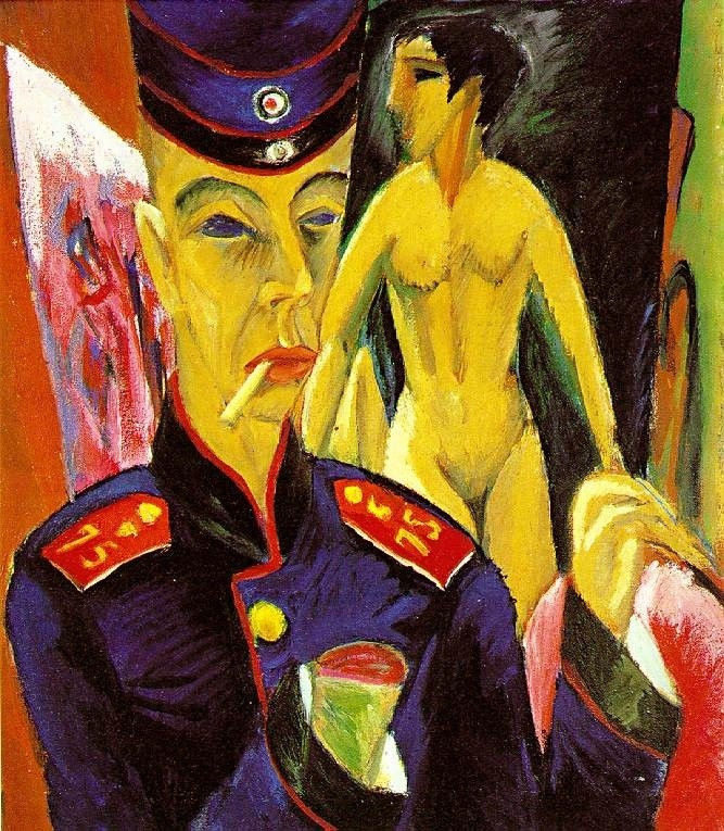 Ernst Ludwig Kirchner - Autoportrait d'un soldat 1915, exemple typique de 'Die Brucke', un mouvement expressionniste bien connu en Allemagne
