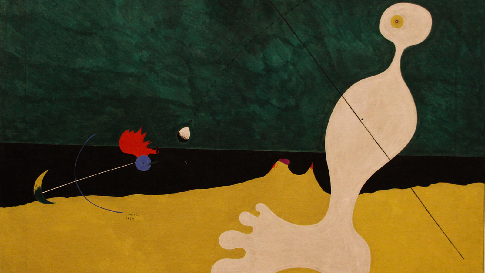 Dipinto surreale astratto di Joan Miró, 'Persona che lancia un sasso a un uccello', 1926 di Joan Miro